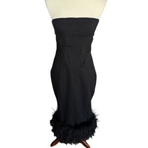 House of CB Fionula Strapless Feather Hem Corset Cocktail Midi Dress L